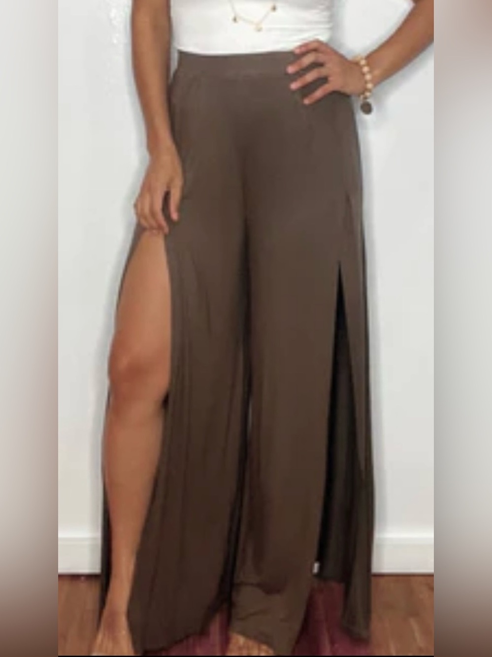 Bluivy High Waist Wide Leg Slit Knit Pants, Size Large, BNWT